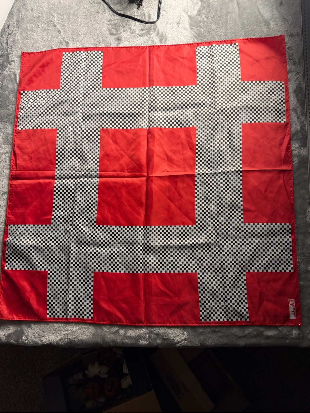 Red Geometric Pattern Silk-Feel Scarf - Bold Checker Cross Design